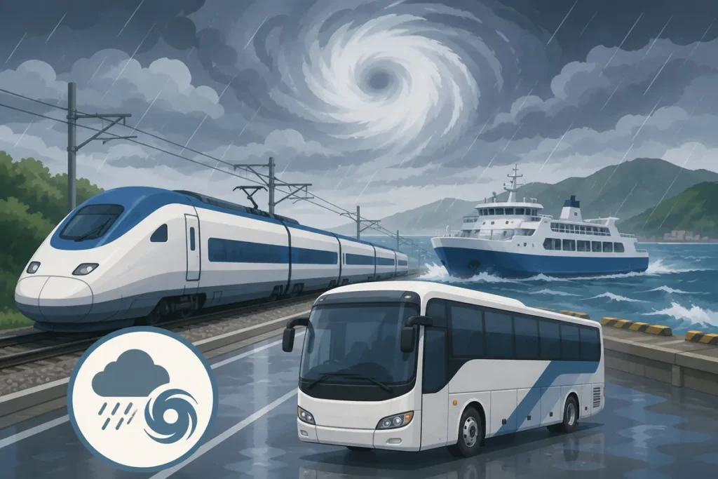 ktx buses ferries typhoon travel notice board at a Korean station during storm weather
