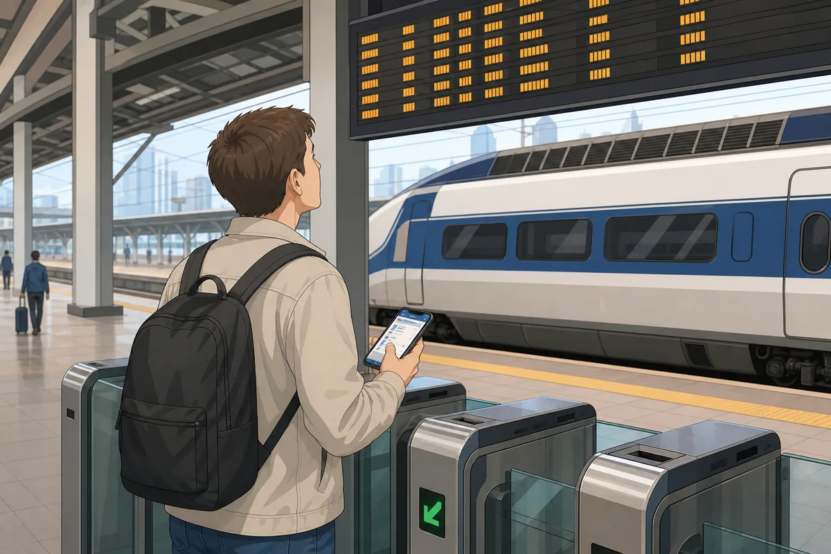 a traveler checking ktx tickets at a station information desk