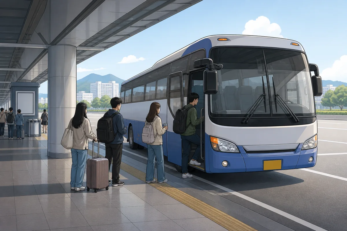 muju firefly festival travel access scene showing an intercity bus terminal departure to Muju