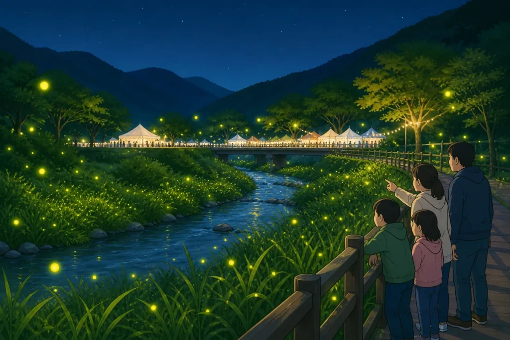 muju firefly festival 2026 at Namdaecheon Stream in Muju with evening visitors and festival lights