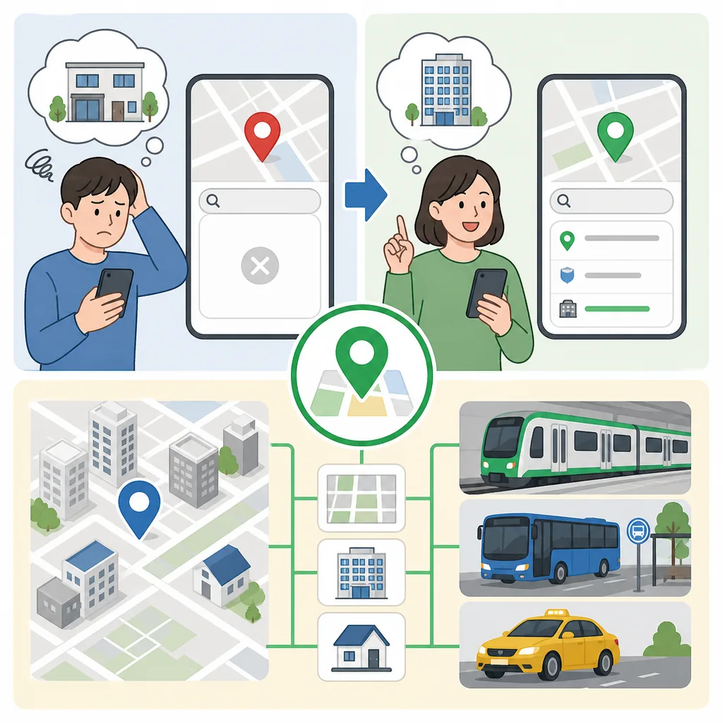 simple flow for fixing a naver map english address search: Korean name, full address, then landmark