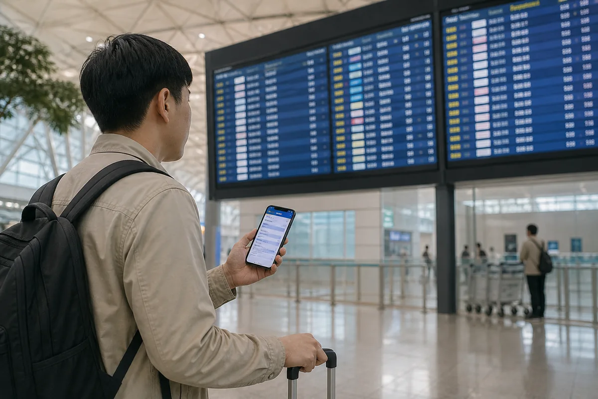 north korea fired missiles flight status board at Incheon Airport with a traveler checking airline updates