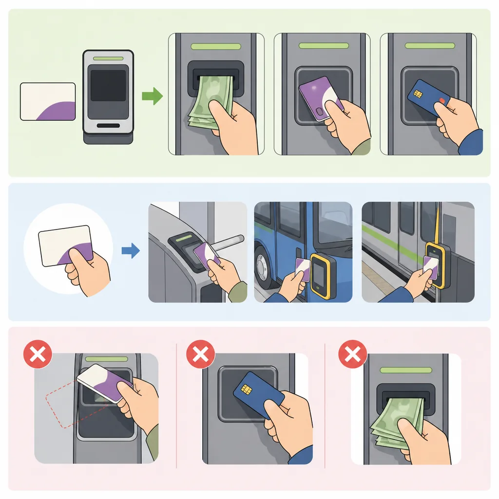 t money reload decision flow: check balance, use cash, wait after top-up, then ask station staff if the gate still rejects the card