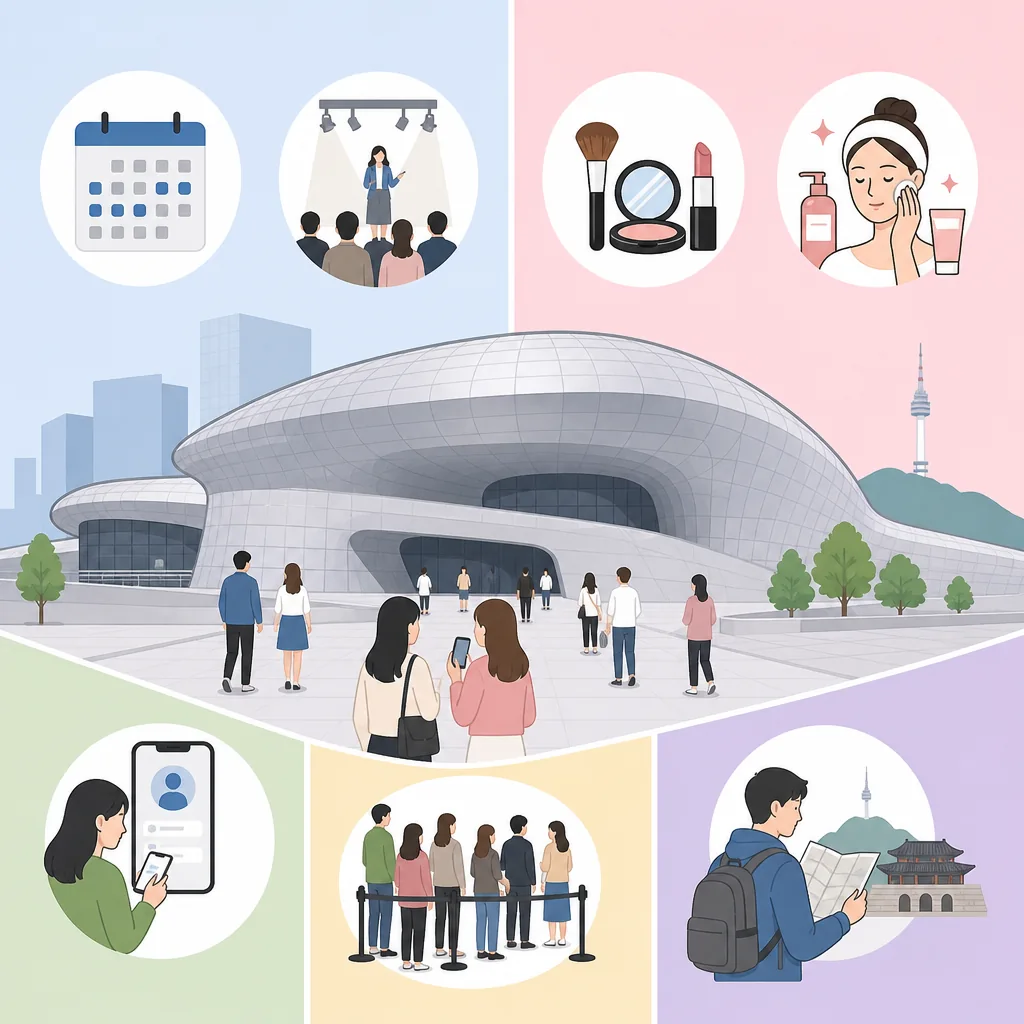 Seoul Beauty Week 2026 visitor flow at DDP: registration, check-in, free experiences, and entry points