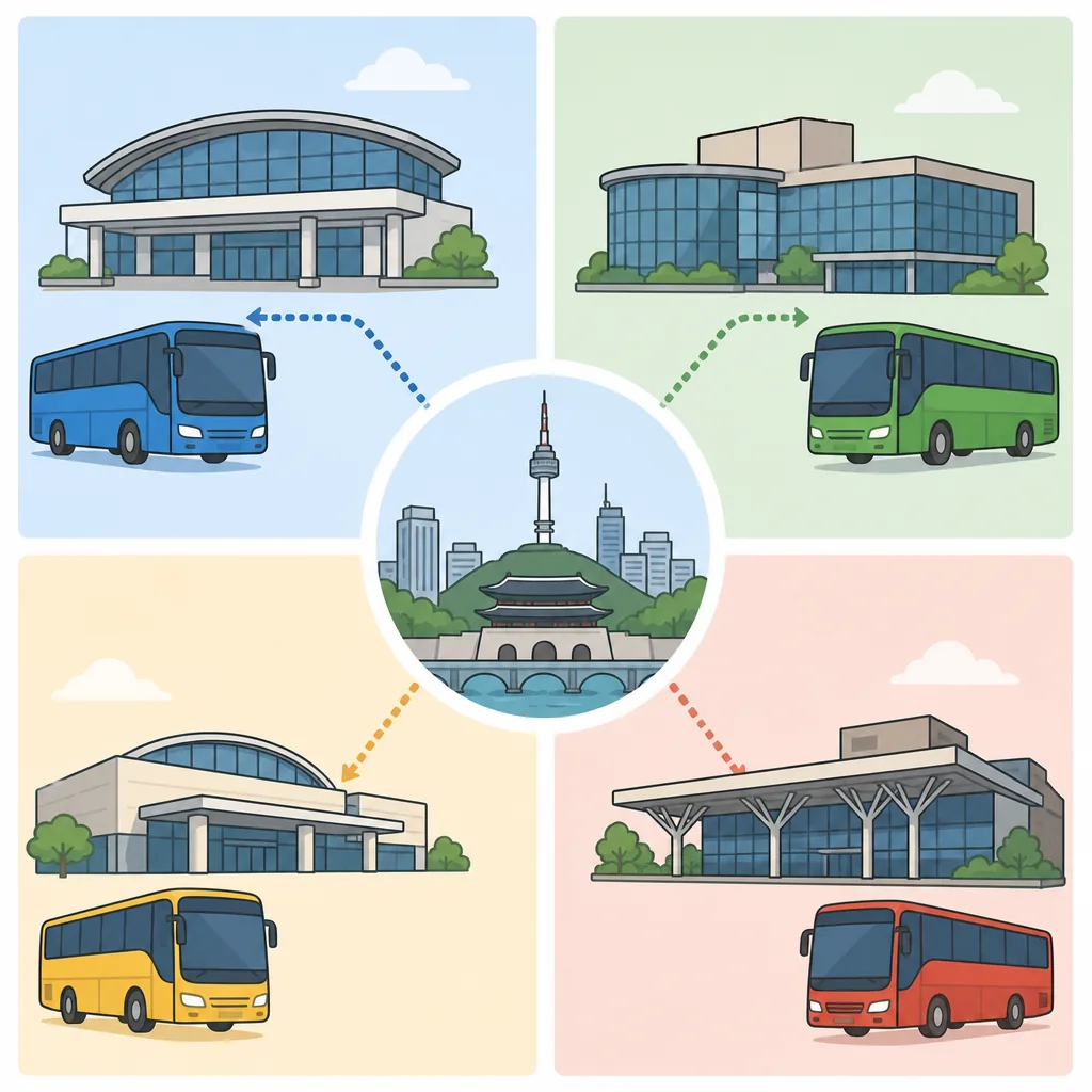 seoul bus terminal comparison chart for Express, Central City, Dong Seoul, and Nambu