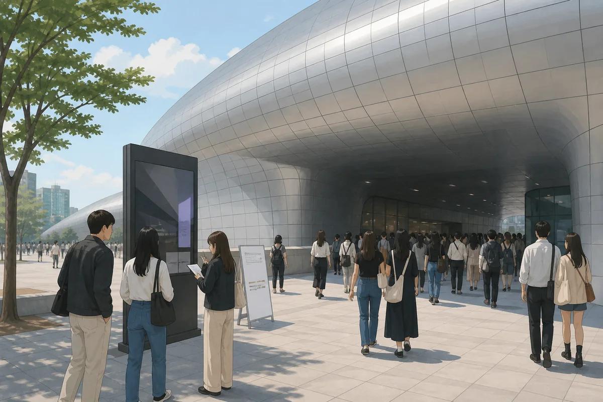 seoul fashion week september 2026 seoul fashion week public area at DDP with crowds, signage, and evening fashion-week atmosphere