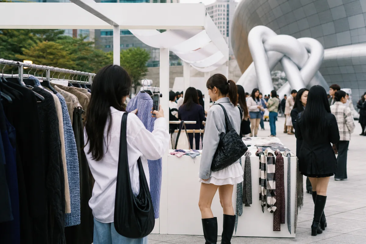 Tourists checking the seoul fashion week event map at a Seoul venue information desk