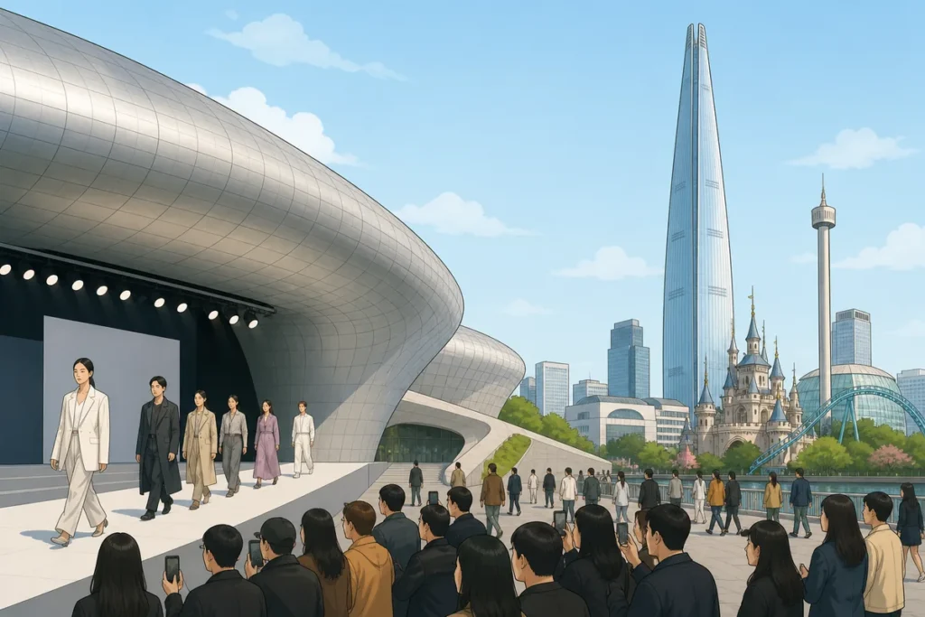 seoul fashion week september 2026 seoul fashion week at DDP with visitors near the public plaza entrance during September event week