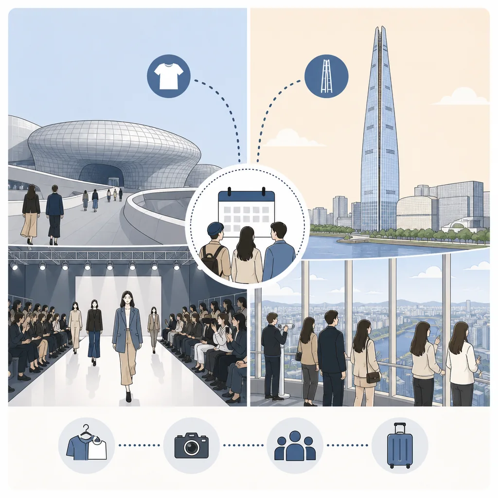 Seoul Fashion Week visitor guide showing DDP vs Lotte World Tower access, public zones, and invitation-only areas