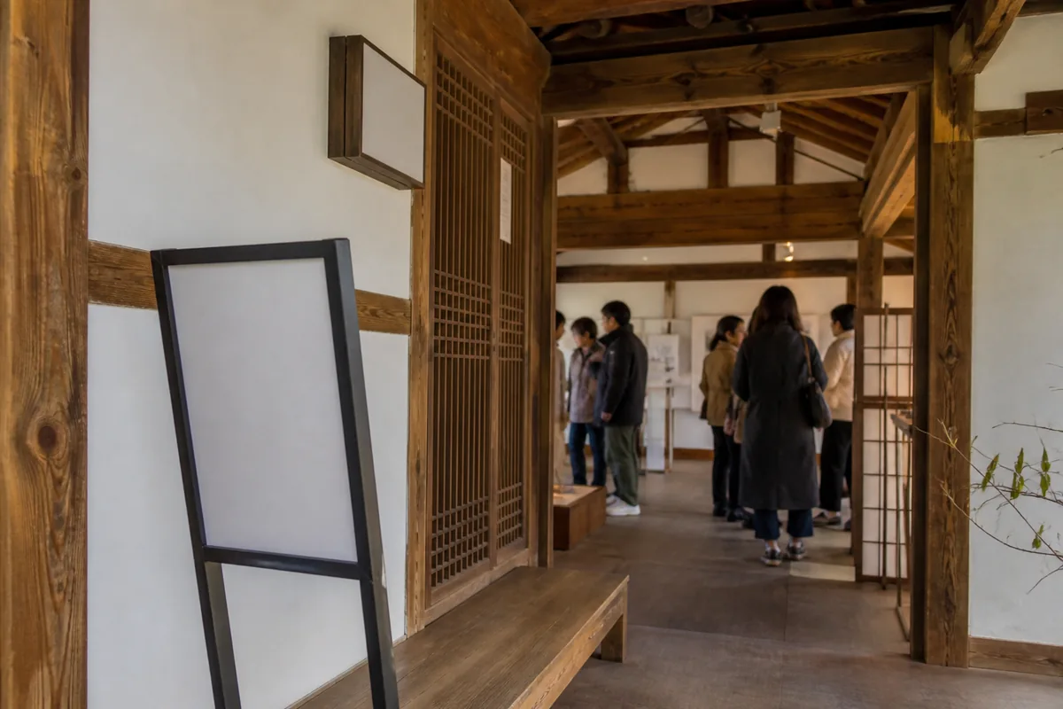 seoul hanok week exhibition and visitor signage at Namsangol Hanok Village