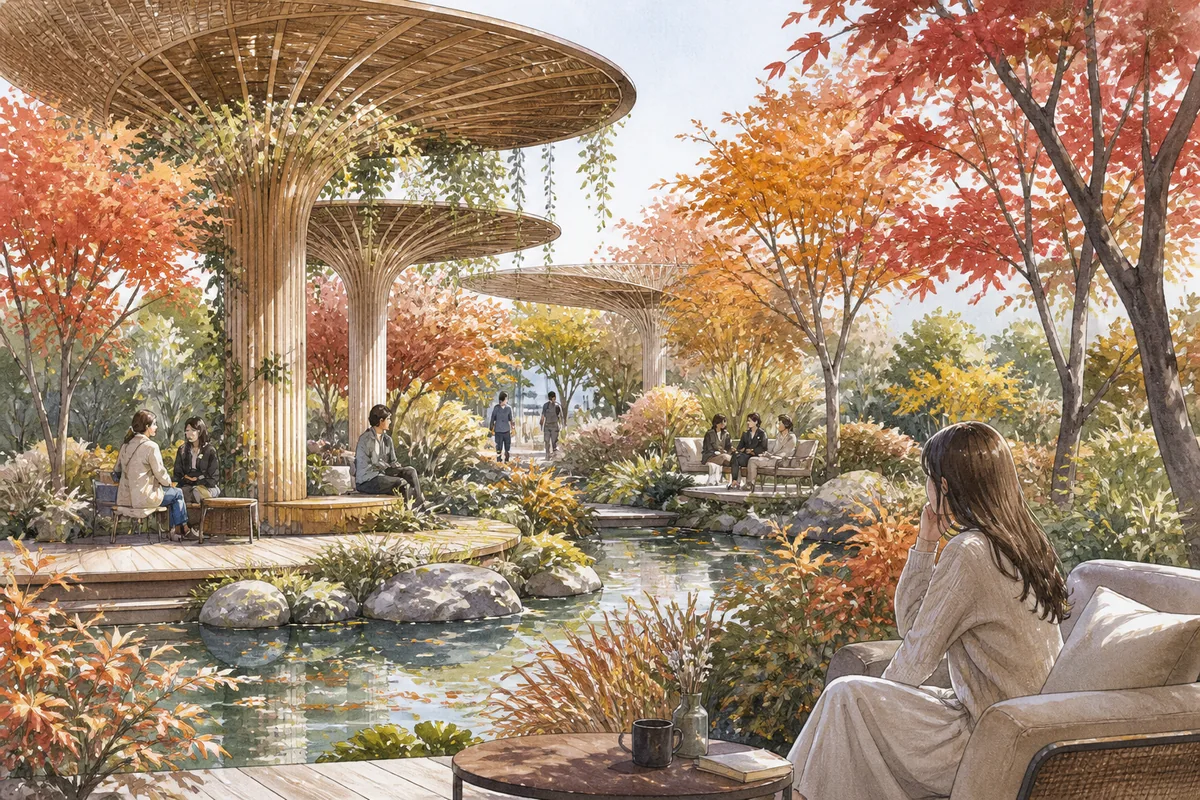 autumn scene from seoul international garden show showing colorful trees and a quiet garden zone