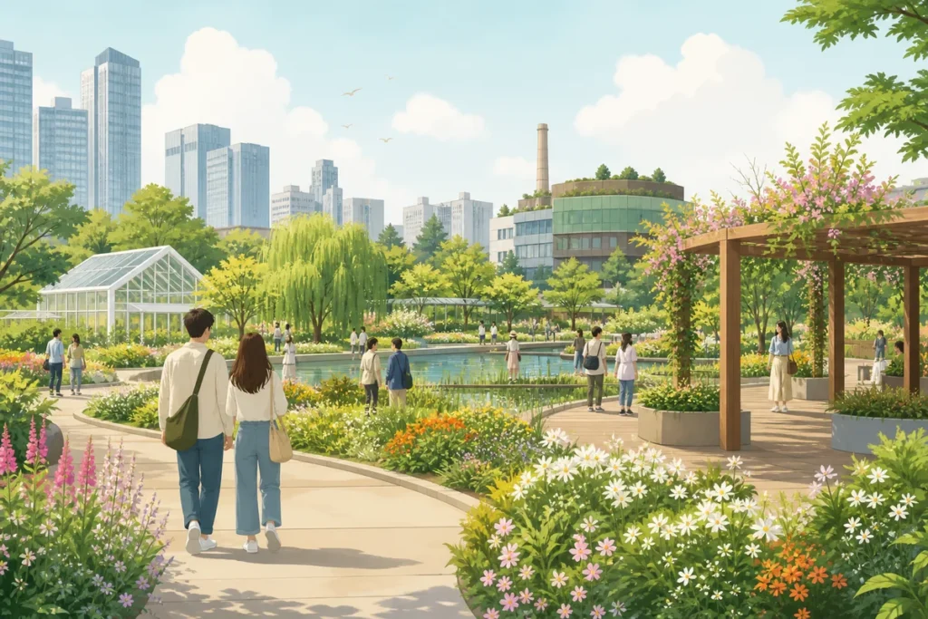seoul international garden show 2026 seoul international garden show at Seoul Forest with seasonal garden paths and visitors walking toward Seongsu