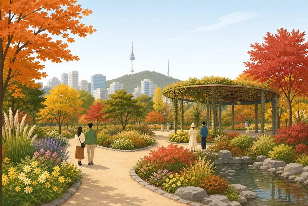 seoul international garden show Fall 2026 entrance at Maeheon Citizen's Forest with autumn trees and event signage