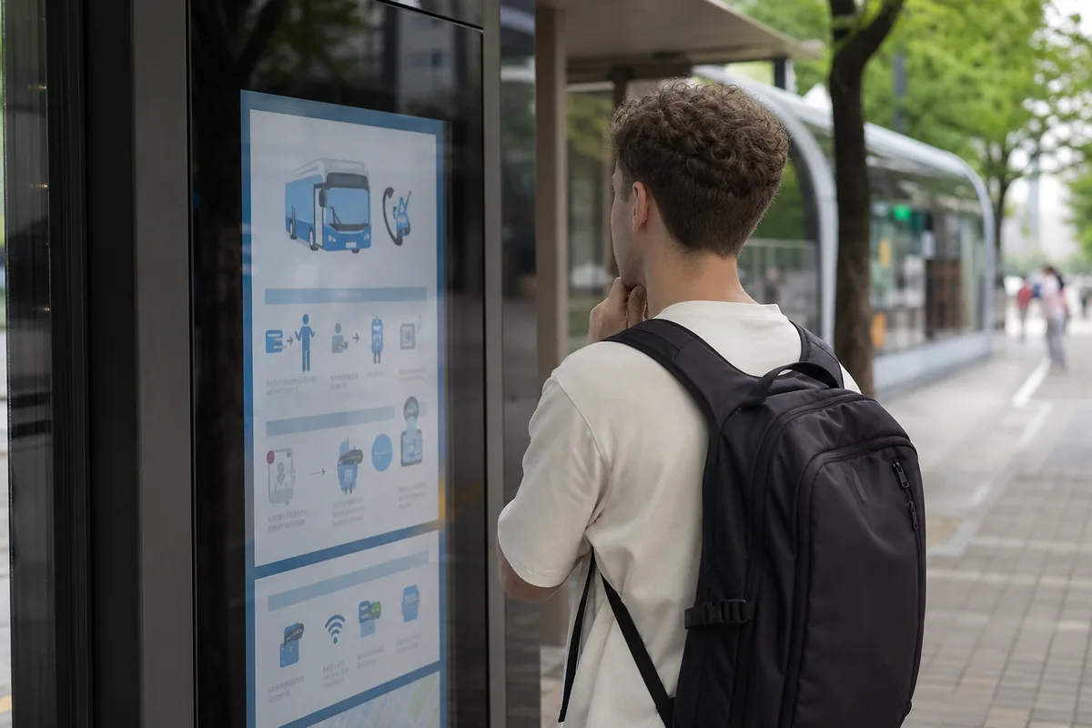 Passenger checking T-money payment rules for Seoul self driving buses