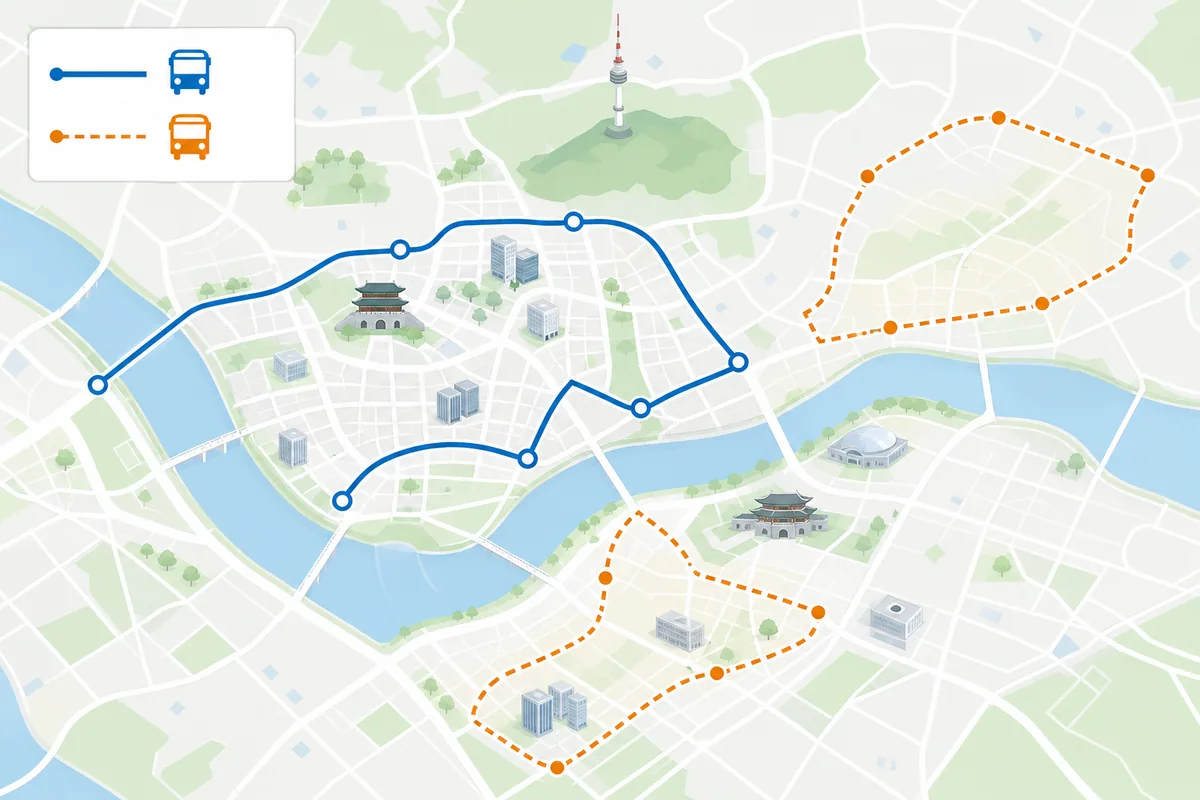 Map comparing Seoul self driving buses public routes and pilot-only zones