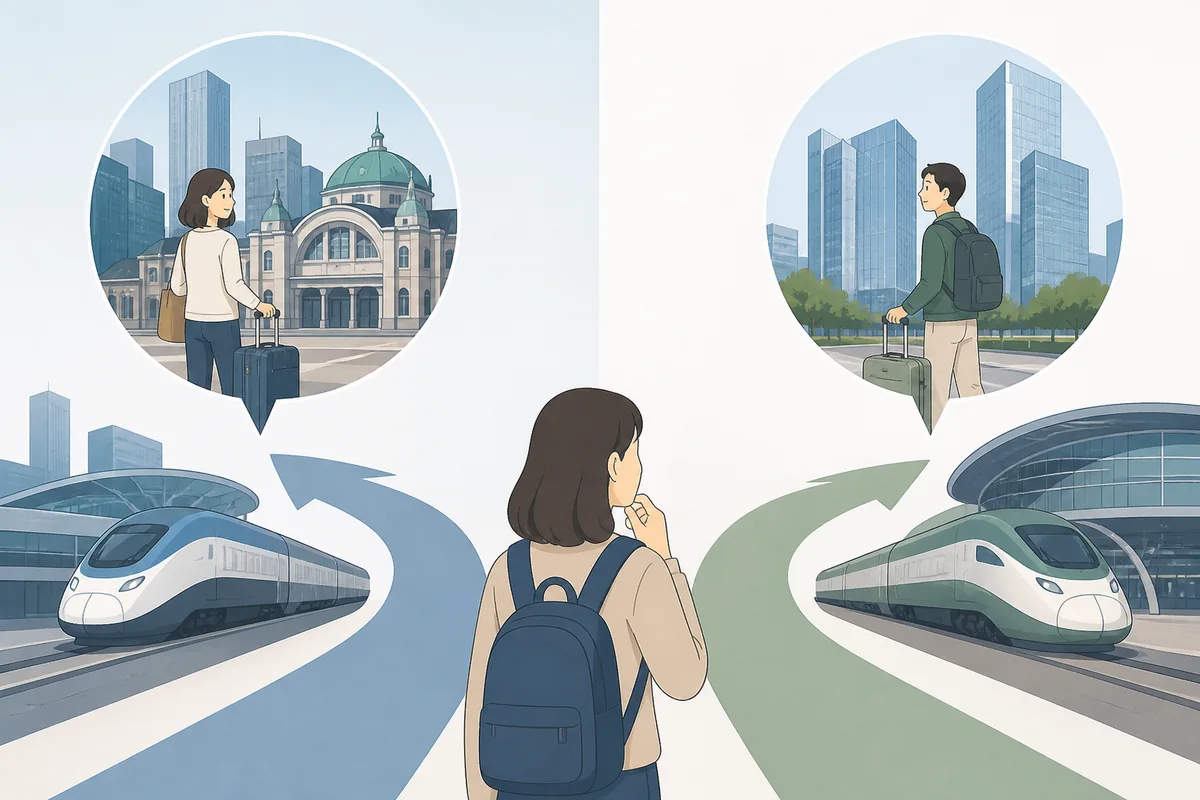 Traveler decision guide showing central Seoul hotels using Seoul Station and Gangnam hotels using Suseo Station