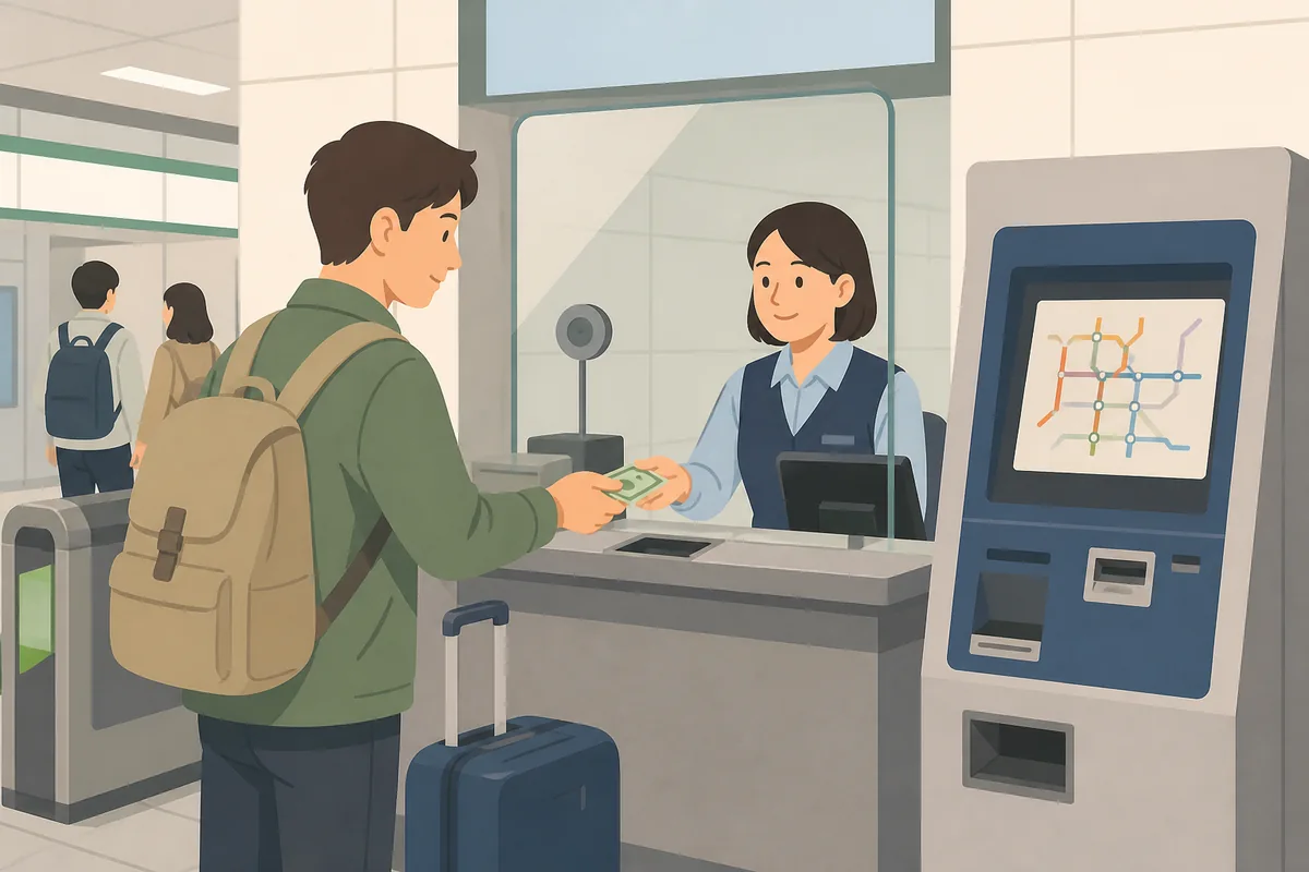 A station office helping a traveler after seoul subway tickets foreign credit card payment fails