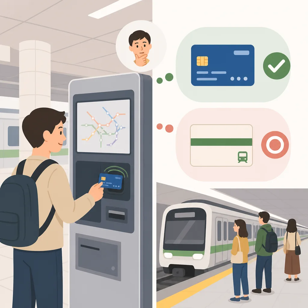 seoul subway tickets foreign credit card guide showing ticket purchase, fee check, and cash backup