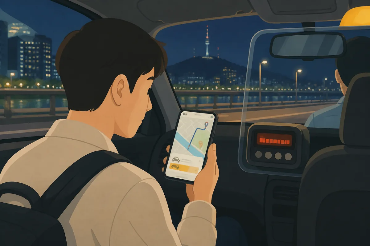 Seoul taxi overcharge fare check with Kakao T estimate on a phone at night