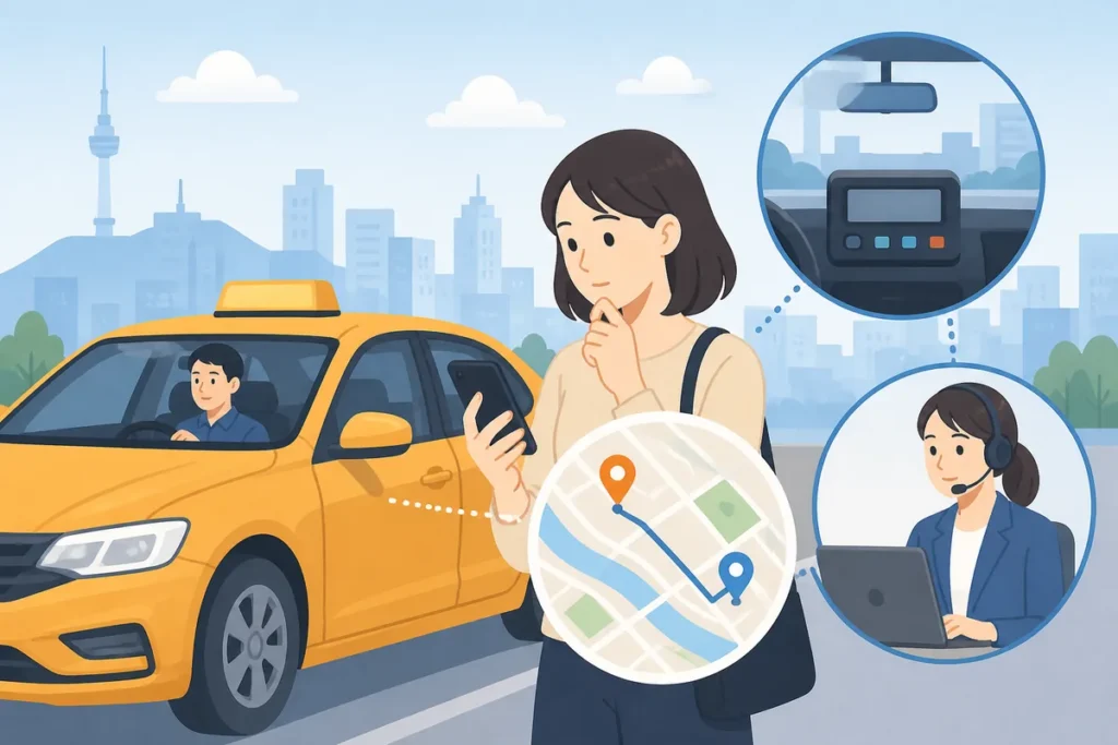 Seoul taxi overcharge check with receipt, meter, and 1330 hotline guidance