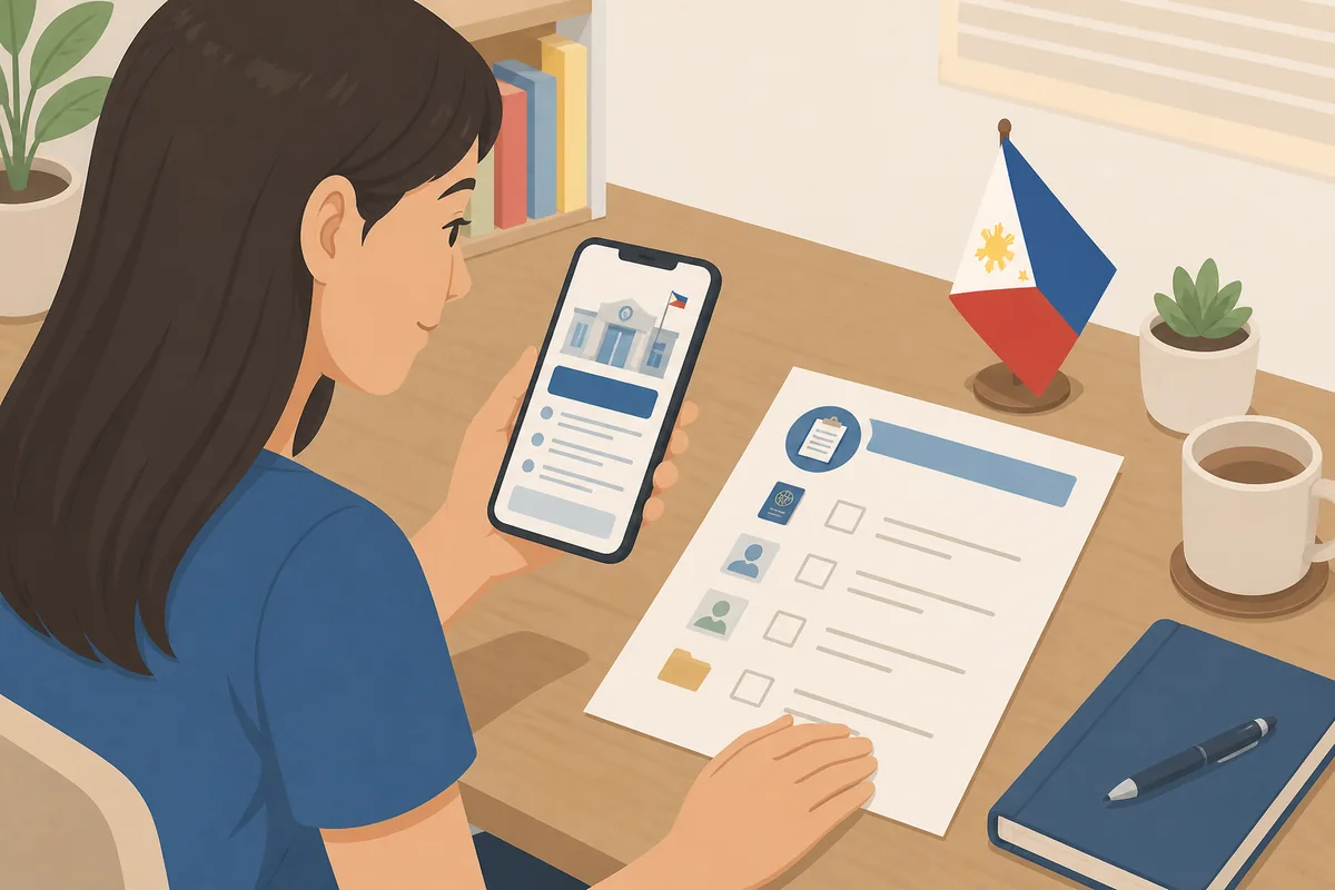 south korea visa filipinos kvac processing fee check on a phone beside a South Korea visa document checklist