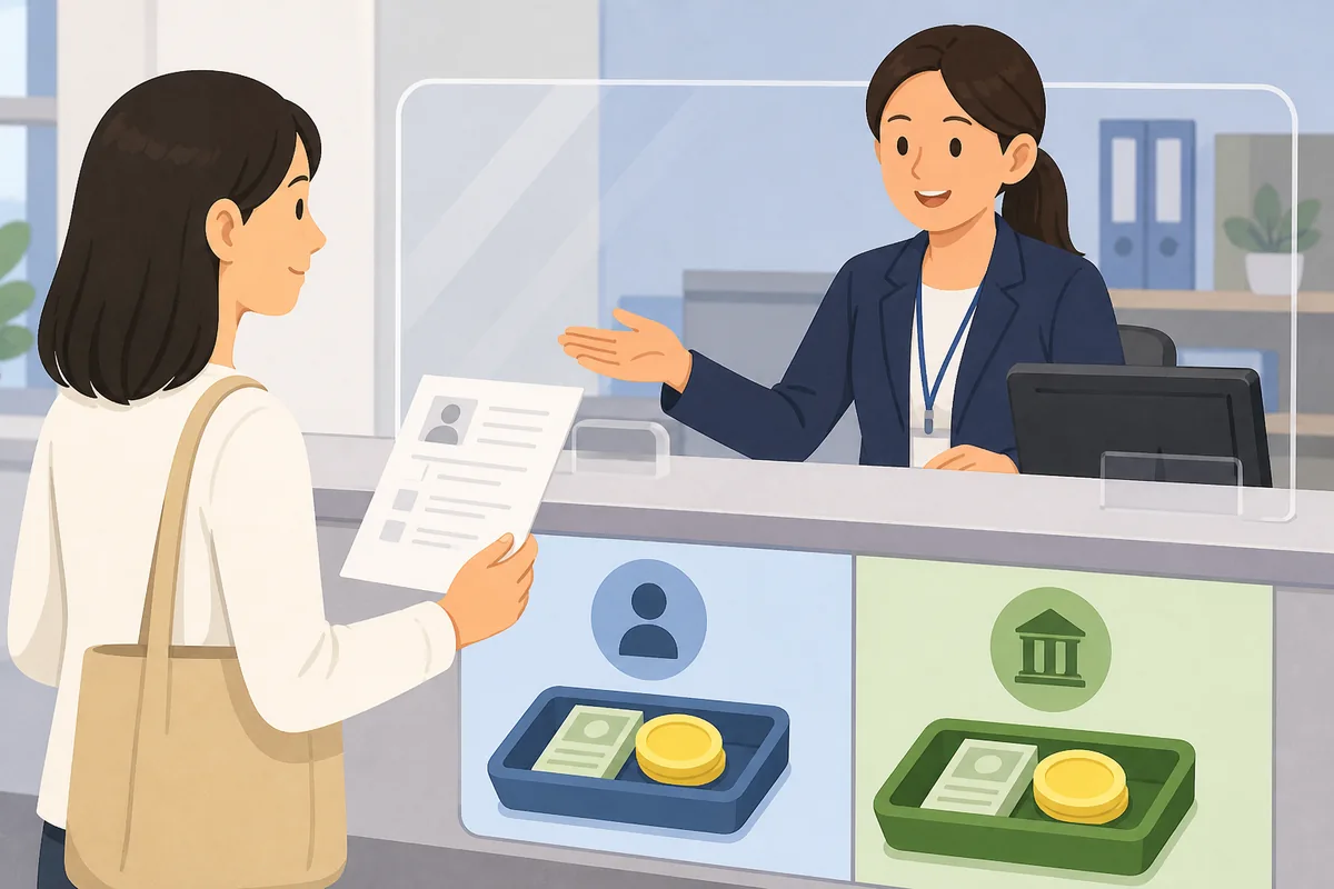 separate KVAC processing fee and Korean government visa fee labels at a visa center counter