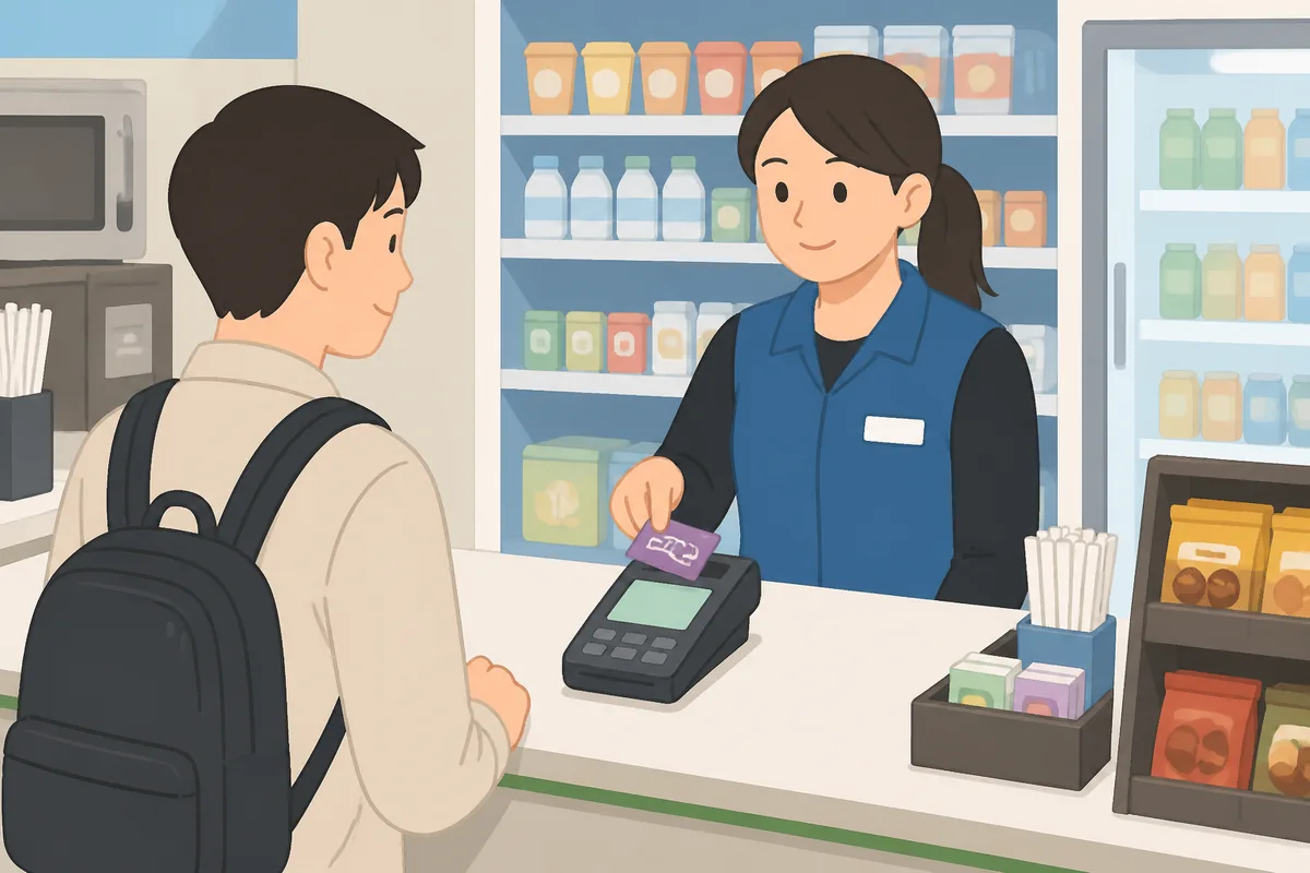 t money refund help at a convenience store counter with staff checking the card terminal