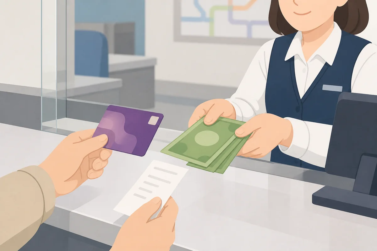 t money refund handover at a subway service desk with card and cash refund