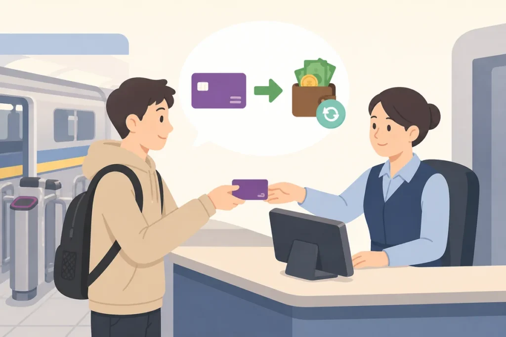 t money refund korea t money refund at a Seoul subway customer service center for a traveler checking remaining balance