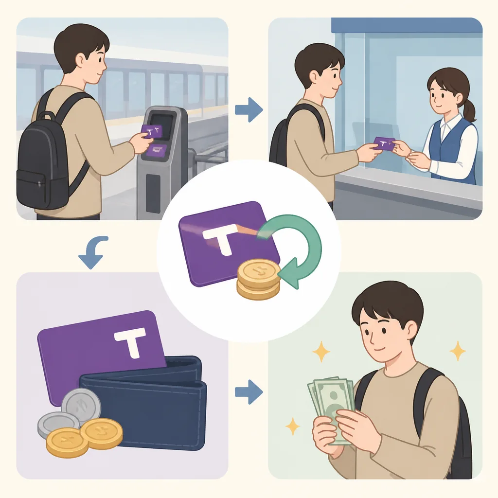 t money refund flow from balance check to staffed counter and refund confirmation