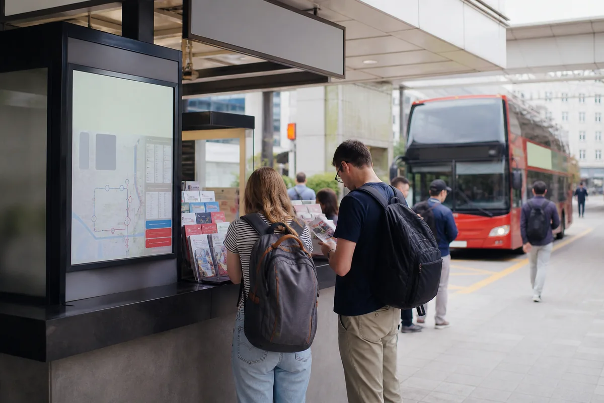 designated city tour bus stop showing foreign visitor discount information