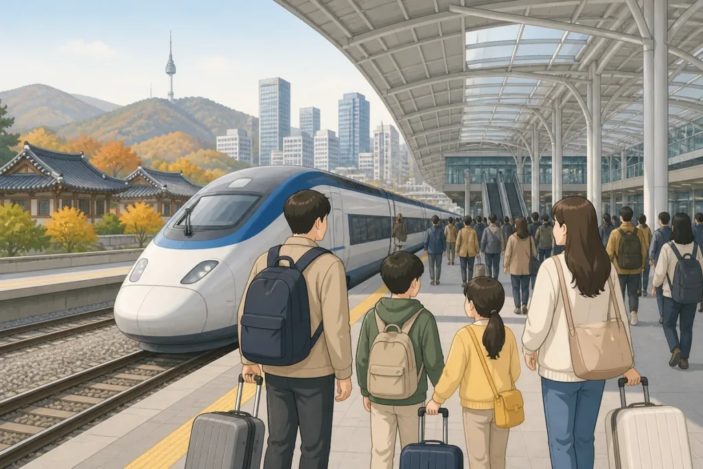 traveling korea during chuseok 2026 chuseok 2026 travel guide showing crowded KTX departure boards and holiday closures in Korea