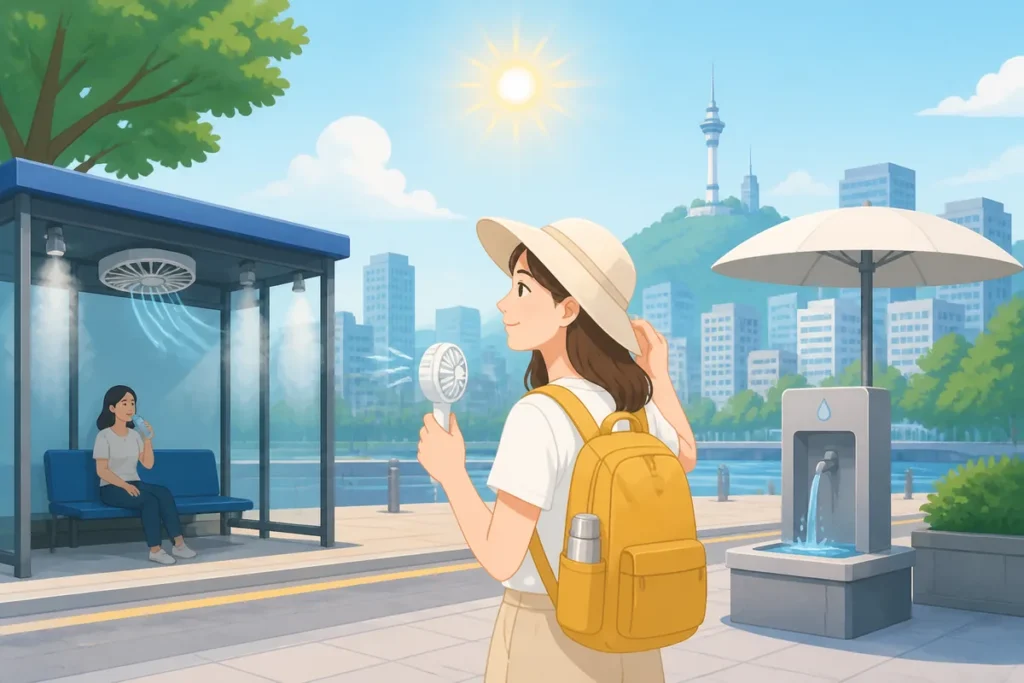 traveling korea during record 2026 heatwave Travelers in Korea checking a phone heat alert during the 2026 heatwave before heading outside