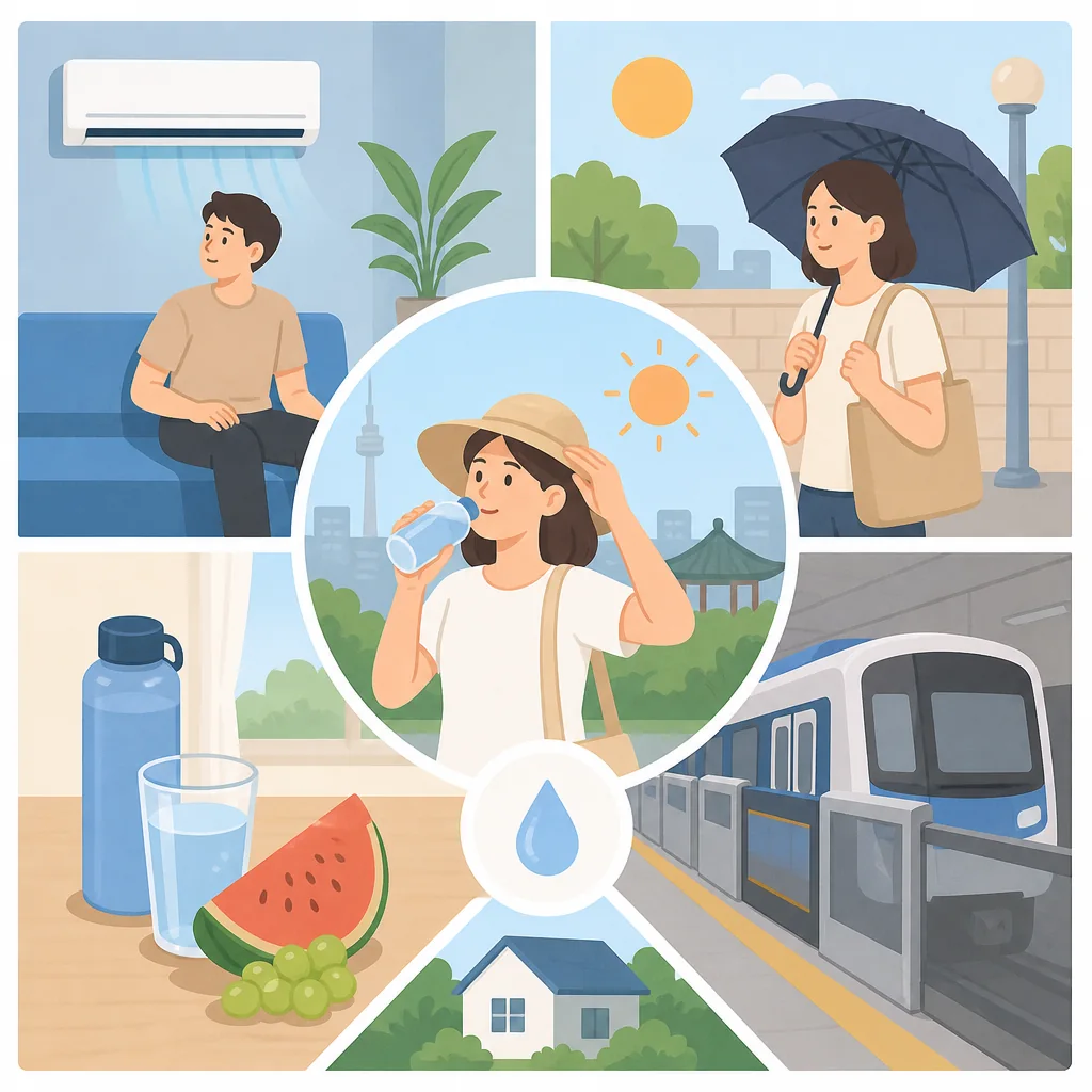 Simple Korea heat safety infographic for tourists during the 2026 heatwave