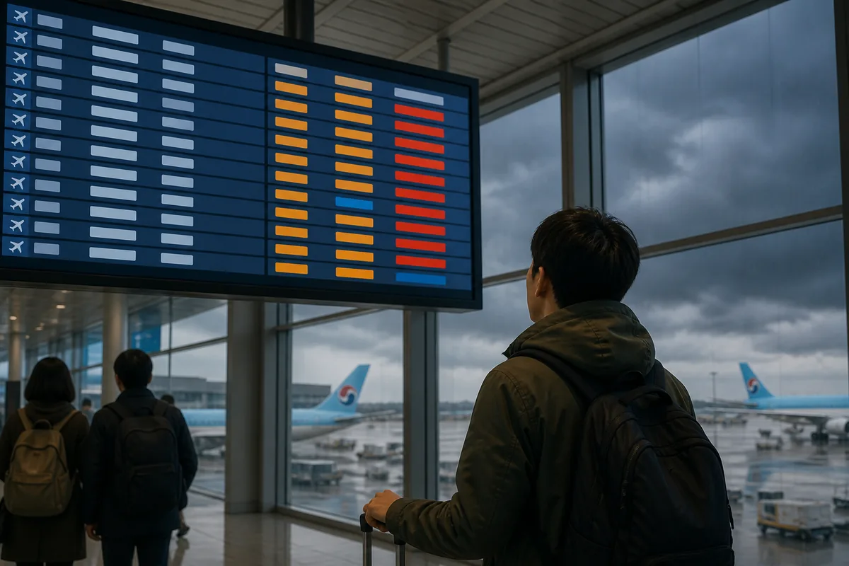 typhoon dolphin korea travel Typhoon Dolphin Korea flight status board at an airport during weather disruption