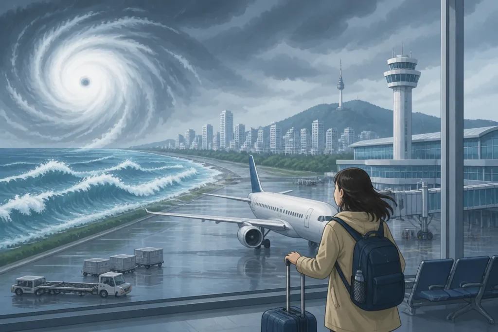 Typhoon Dolphin Korea travel check showing flights, ferries, and weather updates before departure