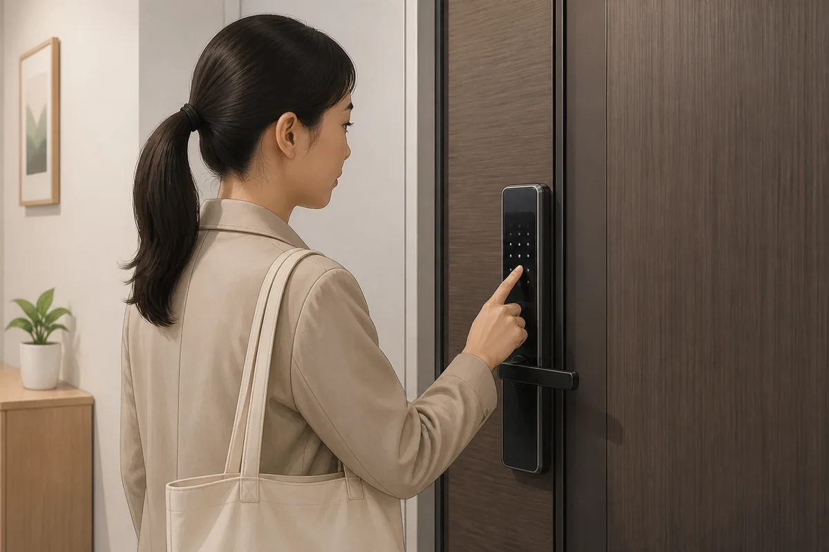 traveler entering a code on a korean digital door lock