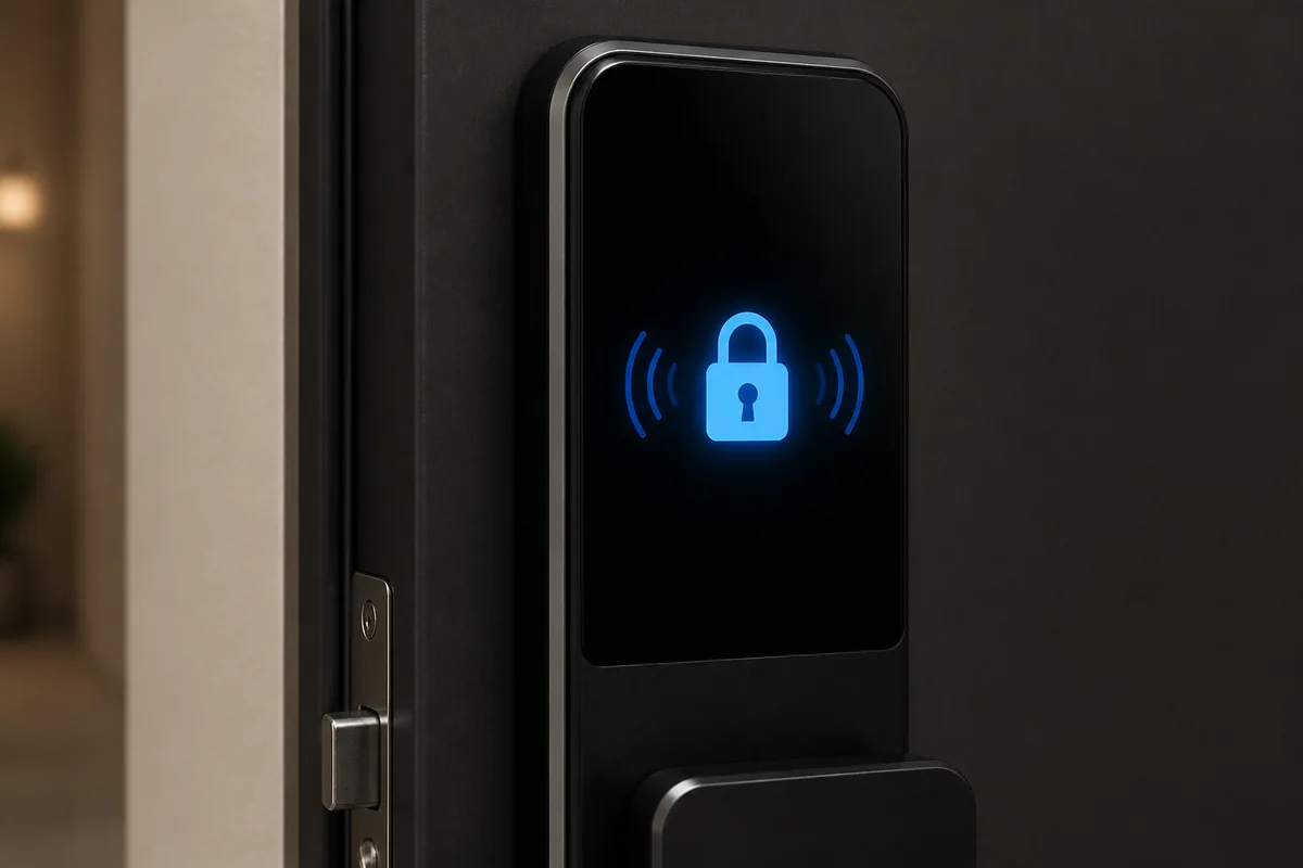 korean digital door lock showing a lock icon after the door closes
