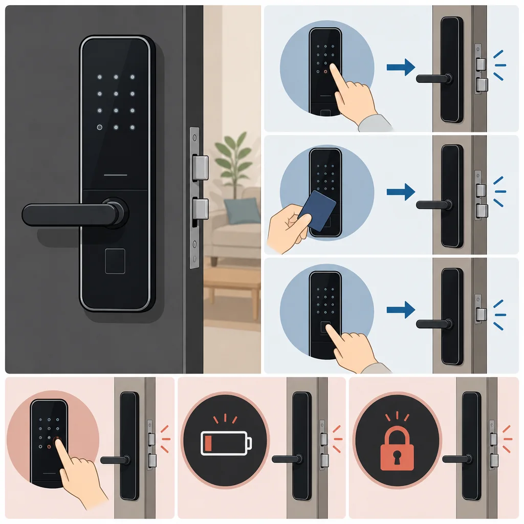 How a korean digital door lock works: wake keypad, enter code, confirm unlock, then lock from outside