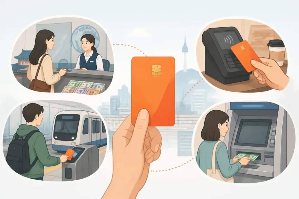 wowpass explained guide showing currency exchange, payments, transit, and cash withdrawal in Korea